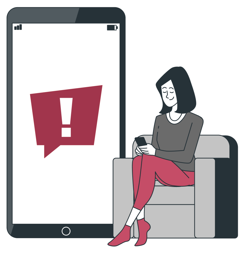 A person using a phone beside a consumer alert symbol