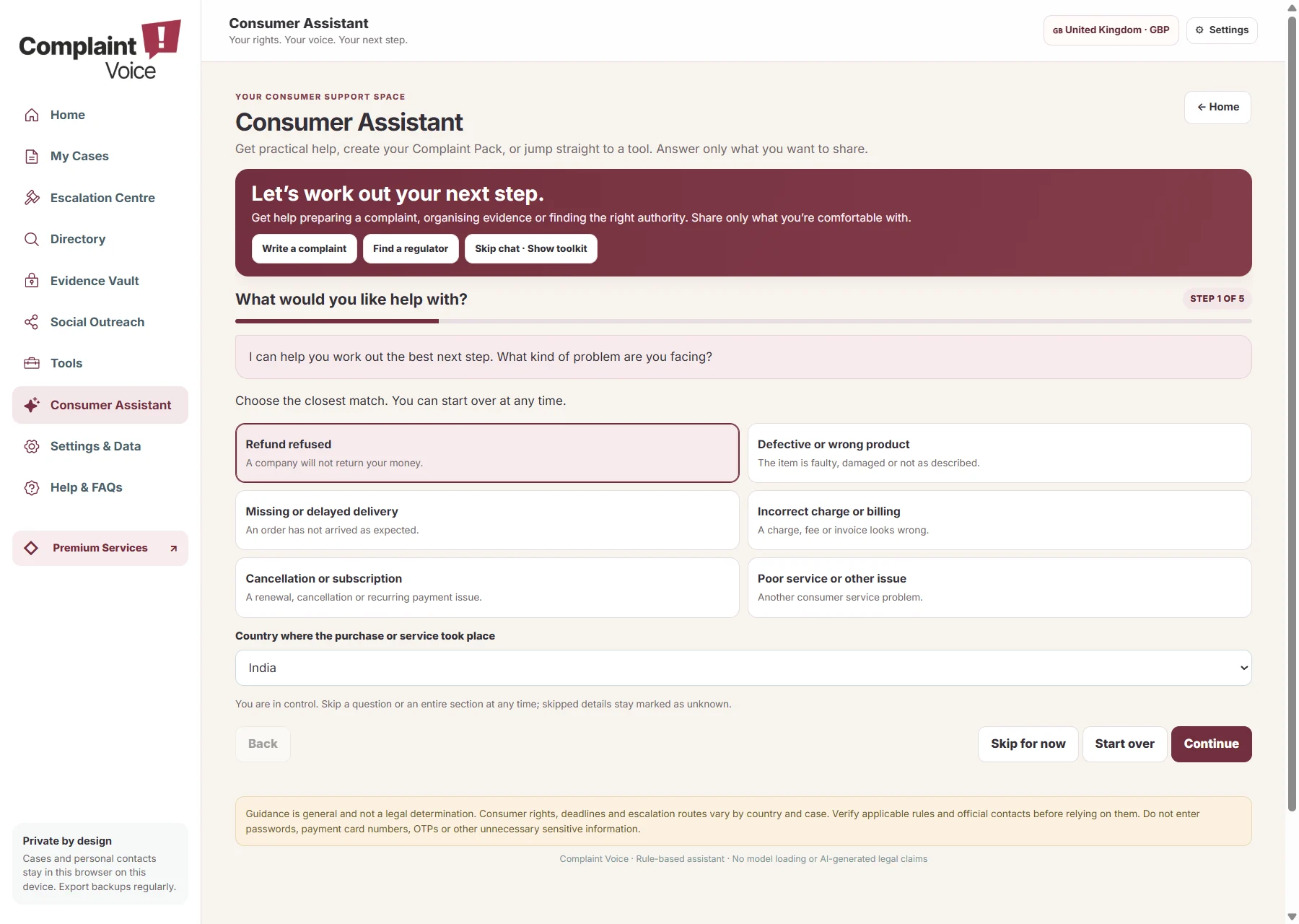 Complaint Voice Consumer Assistant shown on desktop
