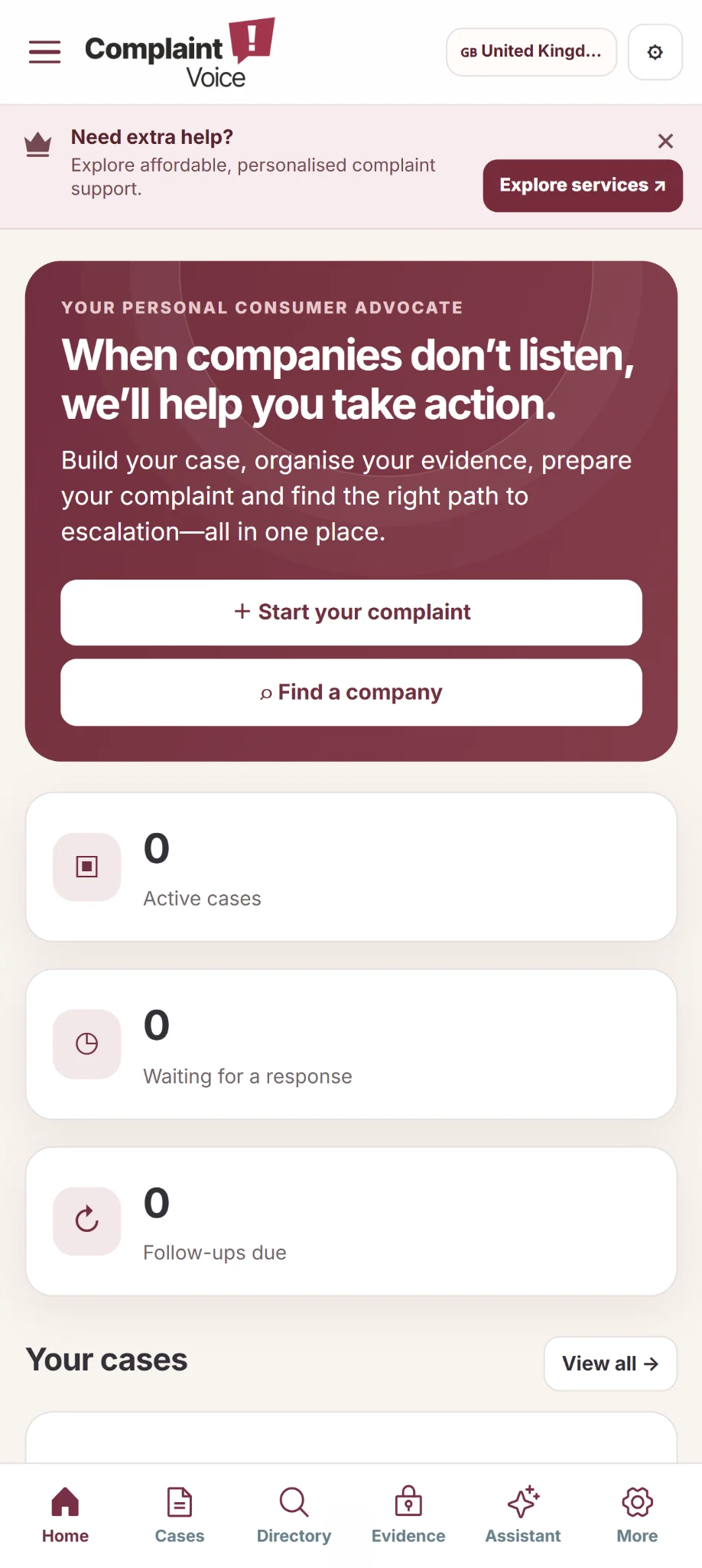 Complaint Voice home screen shown on a mobile phone